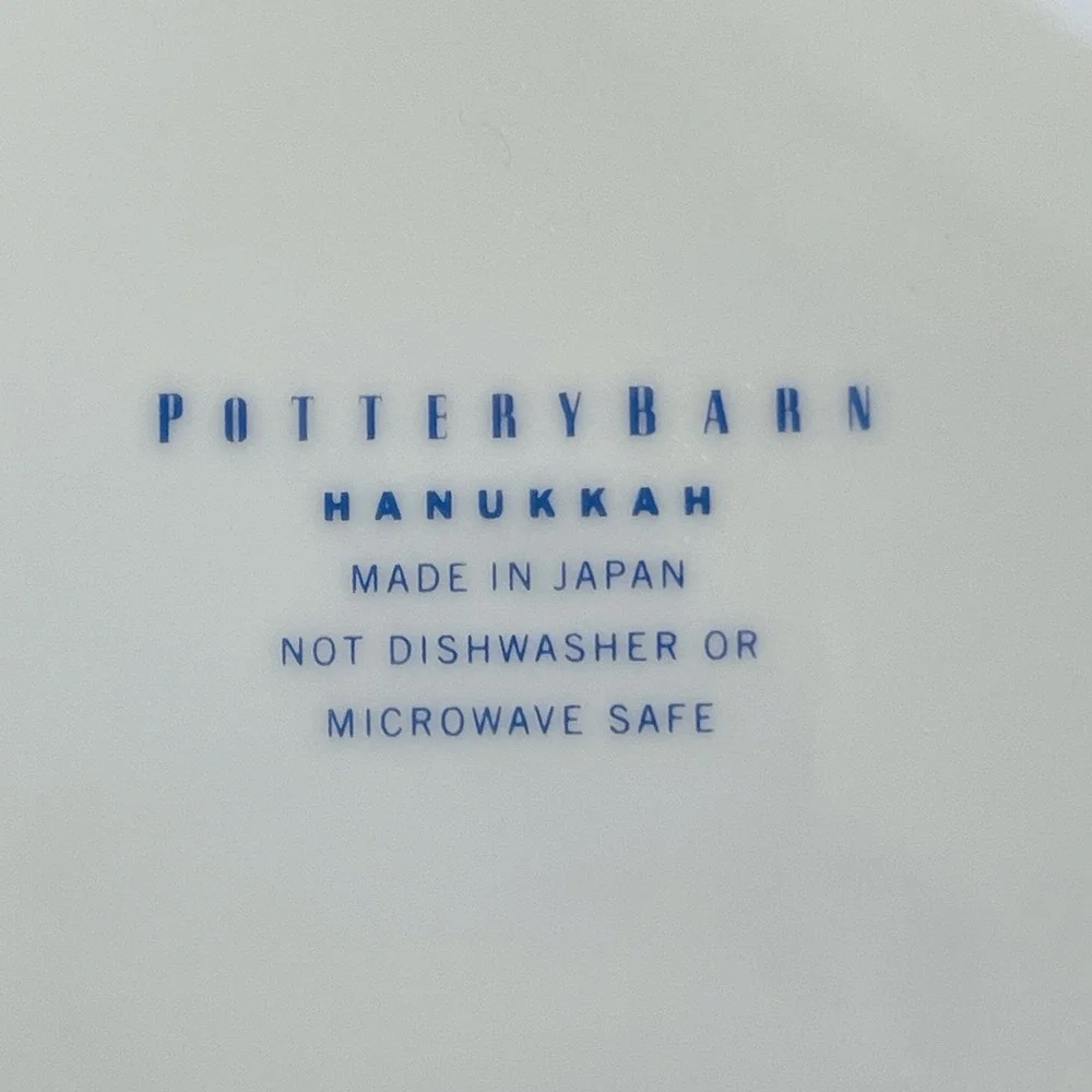 POTTERY BARN Hanukkah Salad Plates Set )3) Blue White Scalloped Silver Rim 8.5